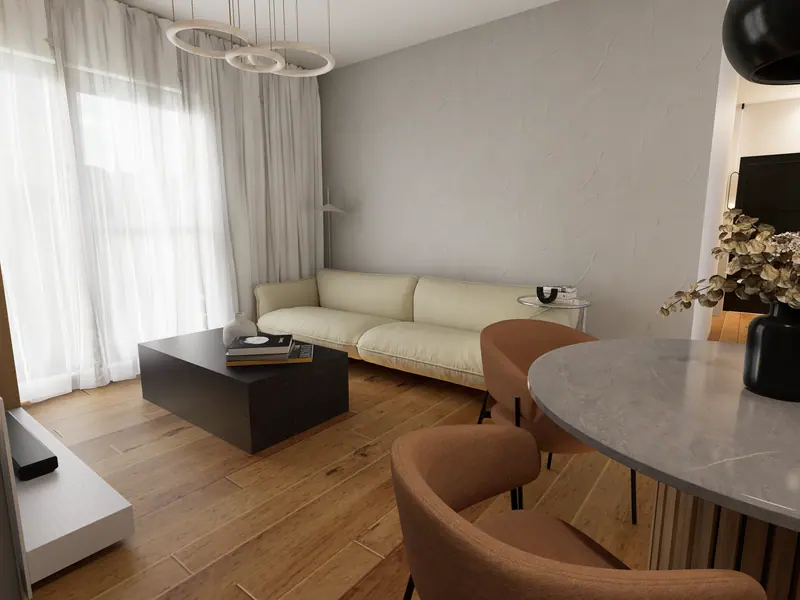 Dnevni boravak penthousea s velikim prozorom