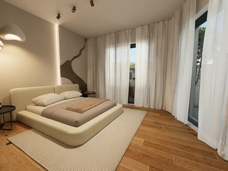 Spavaća soba penthousea s izlazom na terasu